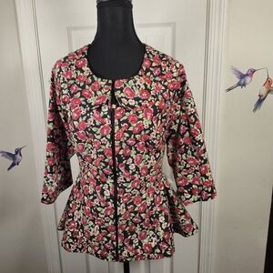 Mondetta Red & Black Dark Floral Patterned Peplum Jacket Feminine Whimsygoth L